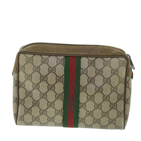 GUCCI GG Canvas Web Sherry Line Clutch Bag PVC Leather Beige Green Auth 54882 - Picture 2 of 16
